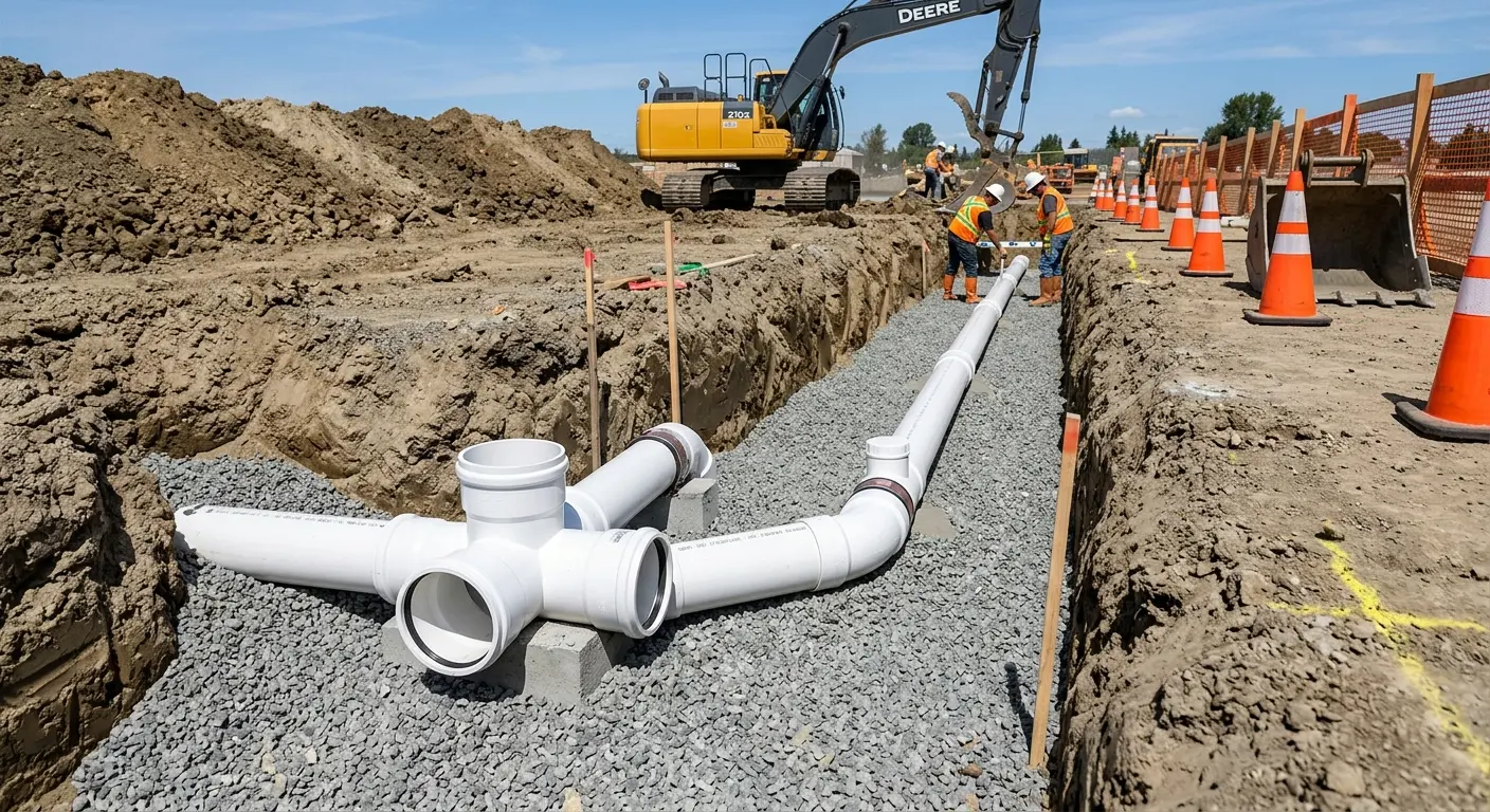 New PVC sewer pipe installation in open trench for Sewer Backup in Stanwood