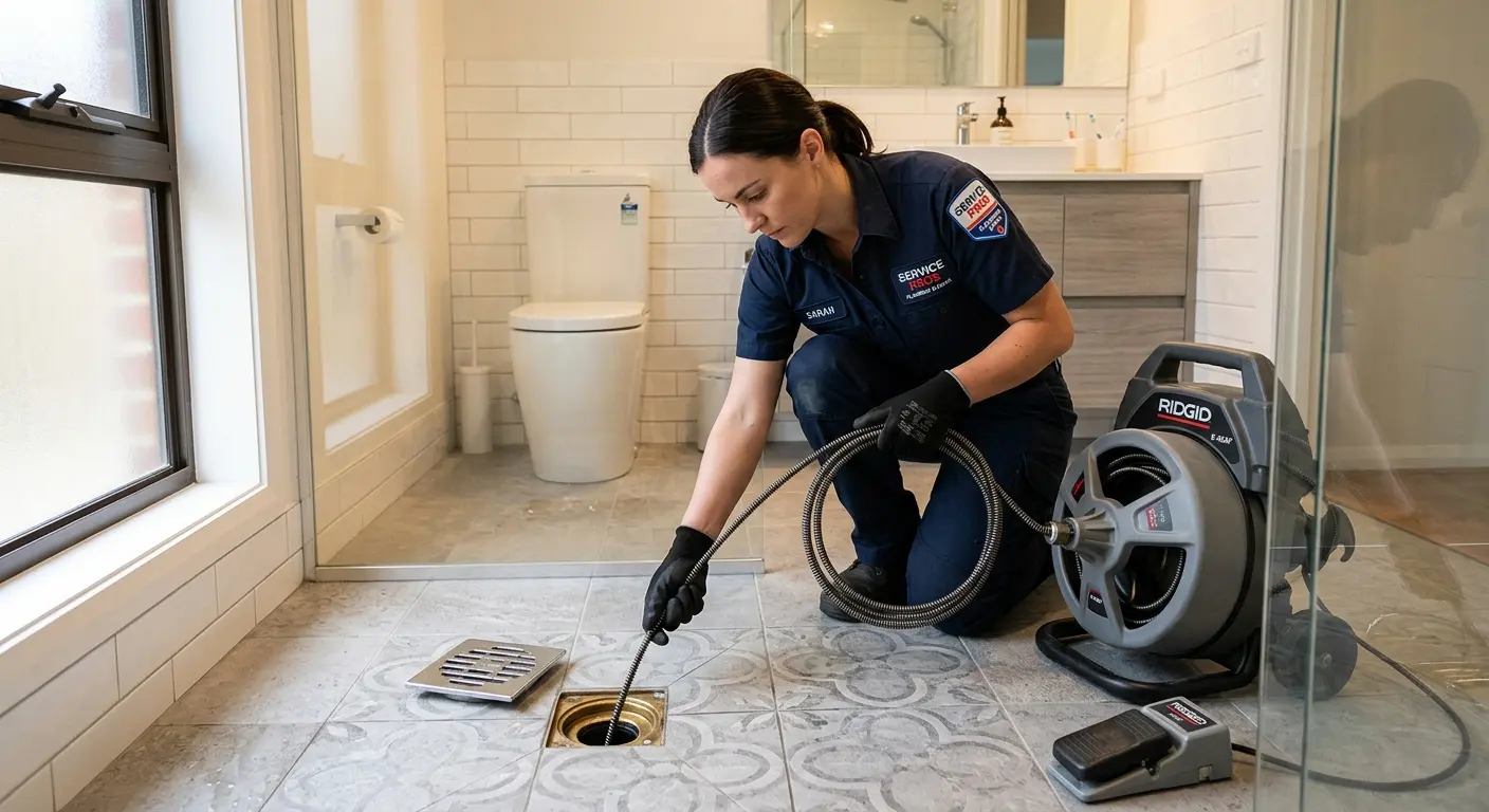 Technician clearing a bathroom floor drain for Drain Cleaning in Stanwood